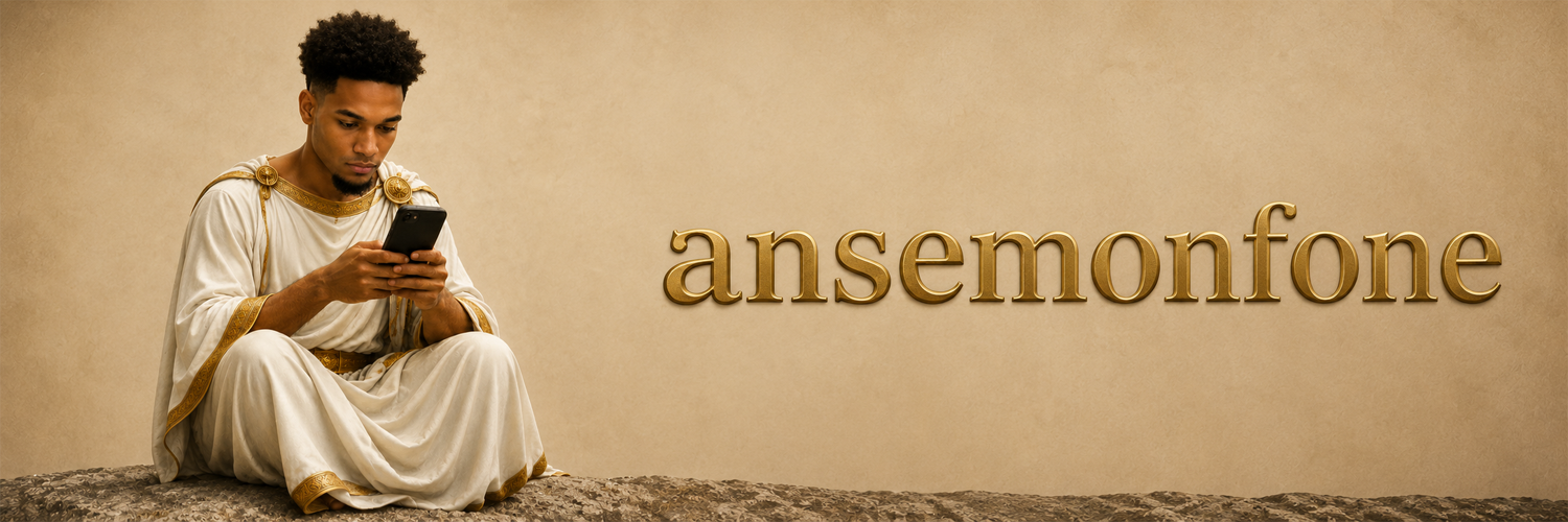 ansemonfone — a gold-lettered portrait of Ansem in a toga, on his phone
